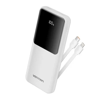 Vention Power Bank 10000mAh (Micro-USB + USB-C + USB-A + USB-A) with Built-in USB-C and Lightning Cables 22.5W _ White